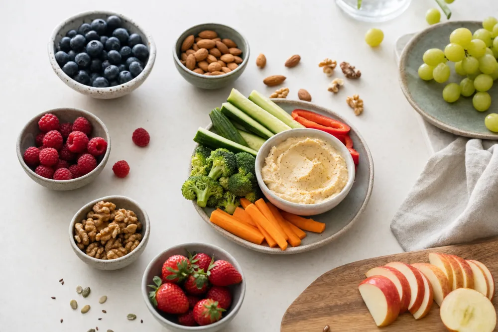Brain-food snacks met noten, bessen en fruit op een bureau