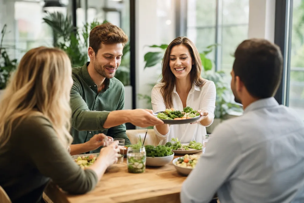 Collega’s delen een gezonde lunch in de kantoor-lounge