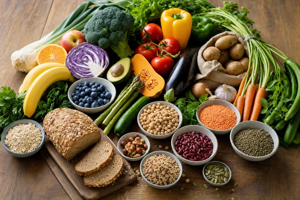 Kleurrijke spread van verse groente, fruit en volkoren
