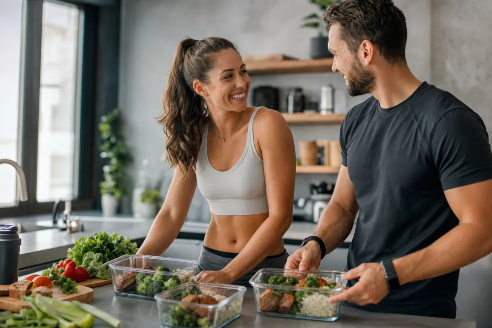 Personal trainer en client met verse meal-prep