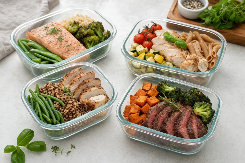 Gebalanceerde meal-prep porties in glazen bakjes